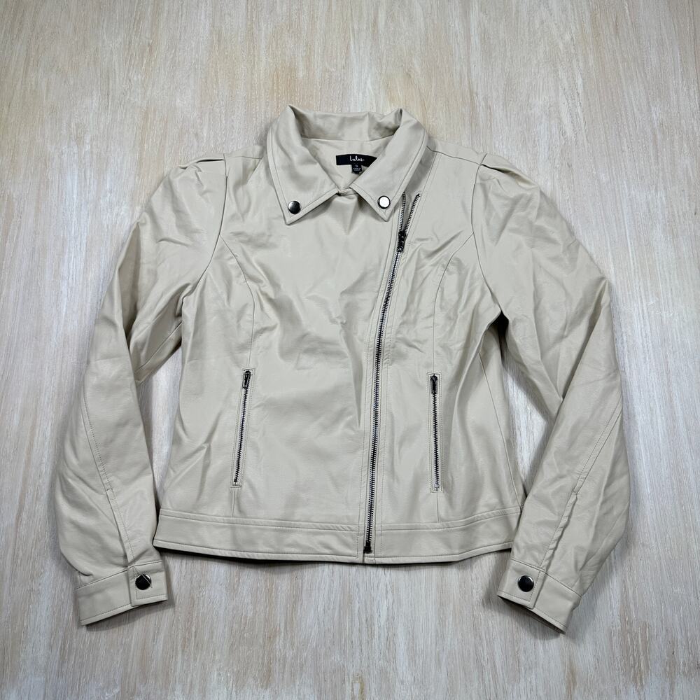 Lulu's Cream Beige Faux Leather Moto Biker Casual Layer Cropped Jacket Medium